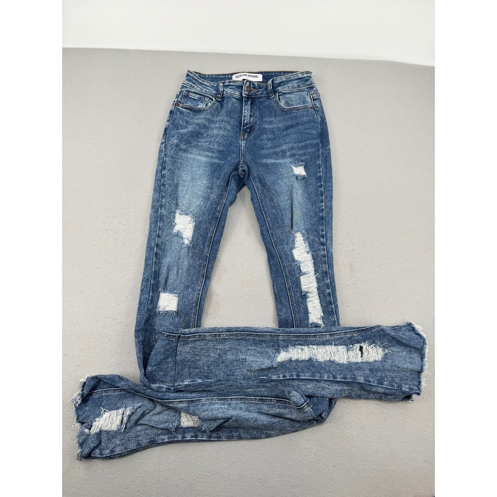 Rockstar Original Mens M (28x45) Stacked Flare Jeans Blue Distressed Streetwear